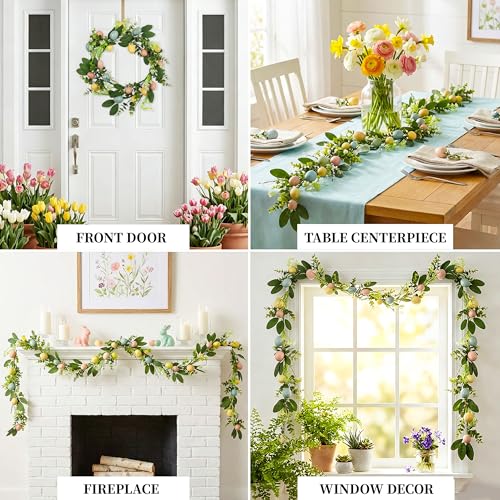 2 Pack 6FT Spring Garland with Eggs, Artificial Greenery Garland for Door, Mantel, Table, Fireplace and Entryway, Farmhouse Spring Home Decor - size: 6FT-PC-A