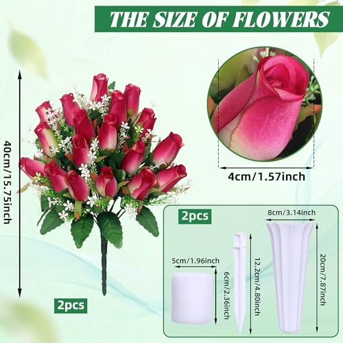Christmas Artificial Cemetery Flowers for Grave, Memorial Roses Bouquets with Vase for Grave Tombstone Decorations (Rose Pink) - color: Rose Pink