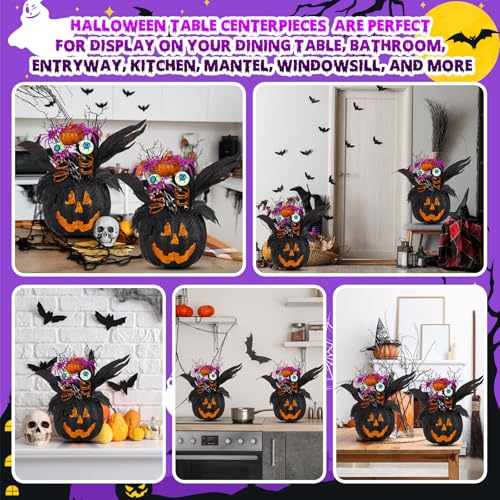 Giegxin 2 Pack Halloween Table Centerpieces Decorations 14'' x 10'' Pumpkin Table Artificial Flowers Tabletop Decor with Spider and Eyeball Halloween Tabletop Decor for Home Kitchen Indoor Outdoor - style: Black Pumpkin
