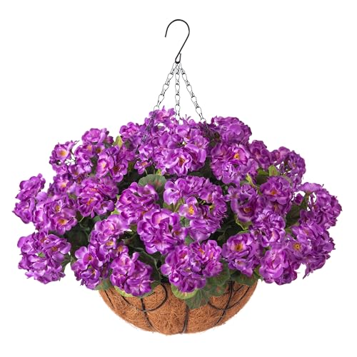 INSPRING Geraniums Artificial Flowers Hanging Basket for Outdoors Outside Spring Decoration, 8 Bundles Silk Flowers Fake Plants Look Real UV Resistant for Porch Home Patio Balcony Yard, Purple - color: Purple