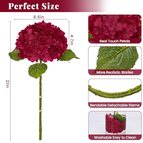 MARTINE MALL 3Pcs 21in Hydrangea Artificial Flowers, Latex Real Touch Hydrangeas Lifelike Large Hydrangea Flowers for Home Decor Party Arrangements Wedding Bouquets Centerpieces (Burgundy) - color: Burgundy, size: 3Pcs