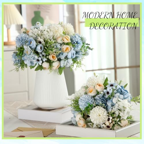 Tigeen Peonies Artificial Flowers Faux Roses Silk Flowers Hydrangea Artificial Bouquet for Wedding Table Centerpiece Floral Vase Home Office Bridal Decor(Champagne White, Blue,12 Bundles) - color: Champagne White, Blue