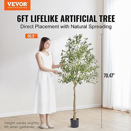 VEVOR Artificial Olive Tree, 6 FT Tall Faux Plant, Secure PE Material & Anti-Tip Tilt Protection Low-Maintenance Plant, Lifelike Green Fake Potted Tree for Home Office Warehouse Decor Indoor Outdoor - color: Olive Tree Type 1, size: 6ft