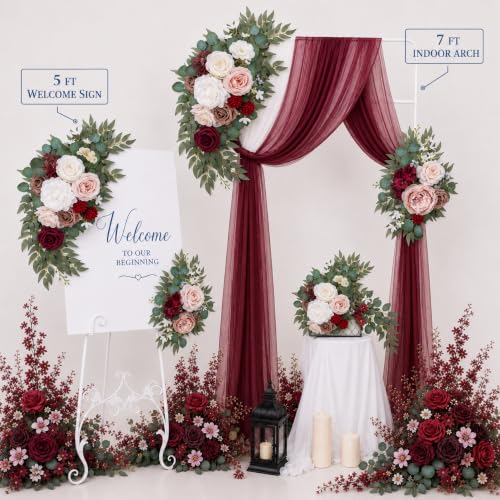 AitnWoy Artificial Wedding Arch Flowers Kit 2 PCS Dust Rose Flowers Silk Peony Floral Swag Welcome Sign for Wedding Ceremony Party Home Garland Decor - color: Burgundy Red, size: 28" + 11"