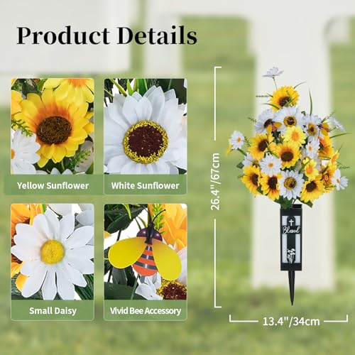 Artificial Cemetery Flowers for Grave: 2 Pcs Yellow White Sunflower Grave Flower Bouquets for Cemetery Decorations - Spring Outdoor Gravesite Flowers with Vase - color: Yellow & White