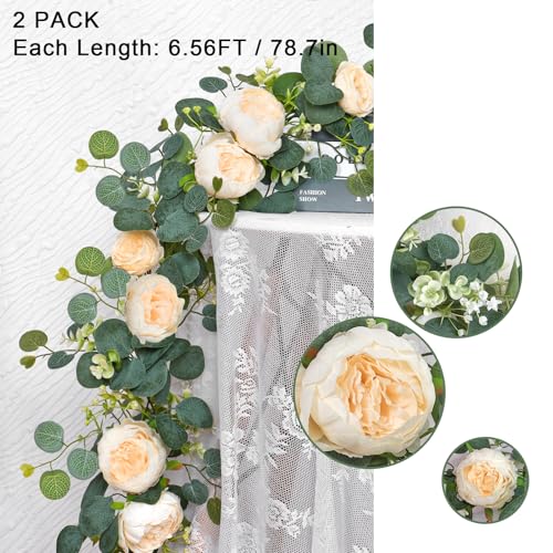 Artificial Flower Garlands Eucalyptus Garlands with Flowers Rose Peony Flower Vine Faux Floral Garland for Wedding Party Arch Table Wall Backdrop Decoration (Champagne, 2PCS) - color: Champagne, size: 2PCS