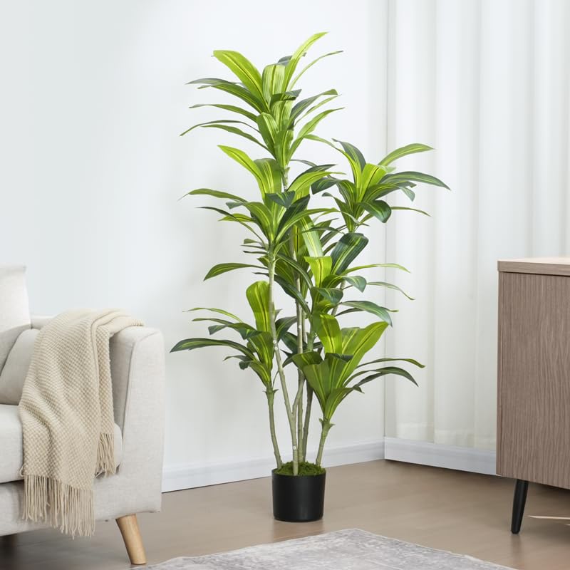 Dracaena Artificial Tree with Small Black Pot & Moss – Lifelike Natural Look, Maintenance-Free, Indoor & Outdoor Plant for Home, Office, Balcony & Patio (5ft, Standard Black Plastic Base)