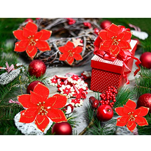 Geosar 100 Pcs 3 Size Christmas Poinsettia Flowers with Clips Glitter Artificial Flowers Small Christmas Tree Ornaments Faux for Xmas Party DIY Craft Wreath Garland New Year, 3/4/6 Inches(Red) - color: Red