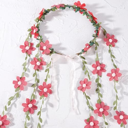 Red Fairy Flower Headpiece, Bohemian Vine Flower Crown with Daisy Floral, Handmade Forest Woodland Floral Headband for Women Renaissance Party Cosplay Costume Hair Accessories - color: Red
