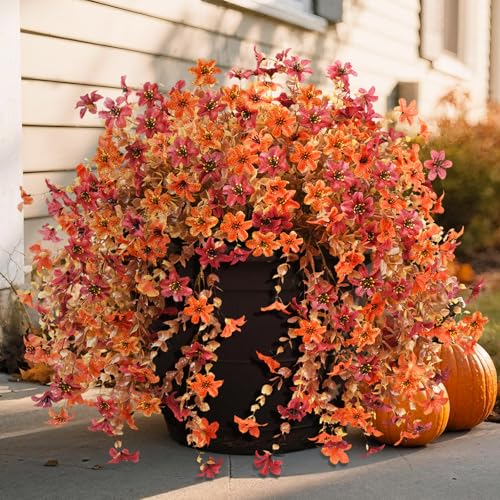 Artificial Faux Mums Fall Flowers for Outdoor Autumn Decoration,2 PCS Fake Silk Daisy Flowers Plant Eucalyptus Leaves Realistic UV Resistant for Front Porch Patio Balcony Yard Home Decor(Orange Brown) - color: D Orange Brown