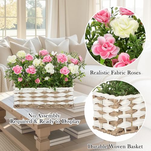 Artificial Rose Flowers with Woven Basket, Faux Roses in Fake Rattan Planter for Table Centerpiece, Romantic Floral Arrangement for Home Bedroom Spring Wedding Sweet Decor, Cream White & Soft Pink - color: Cream White & Soft Pink