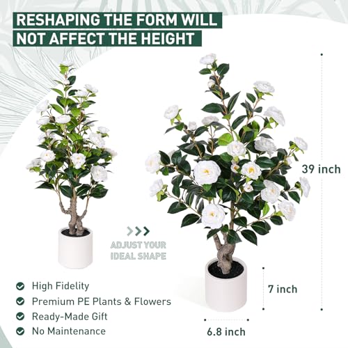 Yepdin 2 pcs Pack Artificial Camellia Tree with White Planter - 39 inch Tall Fake Tree,3.2 Ft Artificial Plants Indoor & Outdoor Housewarming Gift - color: 2pcs White Camellia Tree, size: 3ft 3in