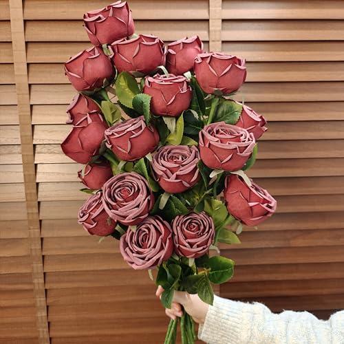 18pcs Artificial Roses, Realistic Fake Roses with Stems, Low Maintenance Real Touch Floral Decor for Home Wedding Table Centerpieces(18, Wine red) - color: Wine Red