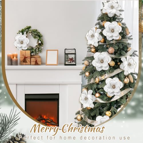 18 Pcs Large Velvet Christmas Poinsettia Magnolia Flowers Ornaments Glitter Big Heads Artificial Magnolia Flowers for Decoration Wedding Decor Supplies(White) - color: White