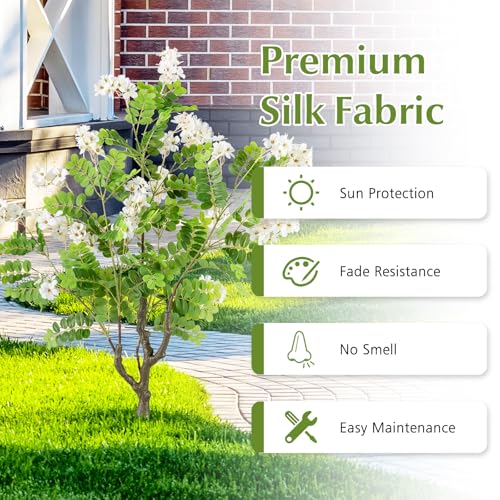 Goplus 2 Pack Artificial Locust Flower Trees, 39” Fake Evergreen Shrubs with Ground Spikes, Sophora Japonica Blossoms, Sun-Proof Indoor & Outdoor Faux Silk Plants for Home Garden Decoration, White - color: White Flowers