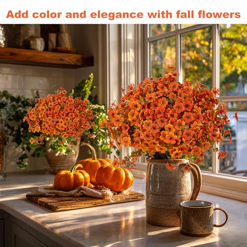 AXYLEX Artificial Fall Flowers Outdoor Fake Mums - 16 Bundles Fake Plants UV Resistant No Fade Faux Plastic Greenery Garden Porch Patio Fall Home Decor (Orangegreen) - color: Orangegreen