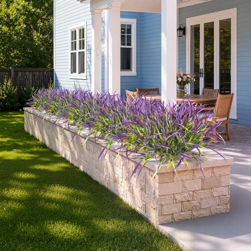 Uieke 12 Bundles Artificial Outdoor Plants UV Resistant Fake Grass Plants Faux Plastic Plants Greenery Shrubs for Home Garden Pathway Window Box Front Porch Cemetery Spring Summer Decor, Purple - color: Purple, size: 12
