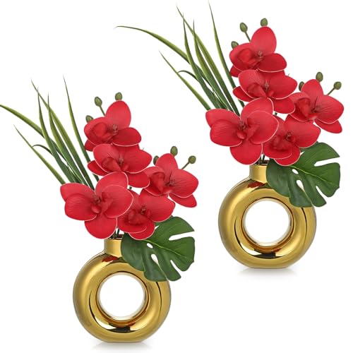 Briful Fake Orchid Flowers with Gold Pot 2PCS Red Orchid Silk Flowers Arrangement Artificial Orchid Plants for Home Office Room Kitchen Shelf Table Decor - color: Red Gold