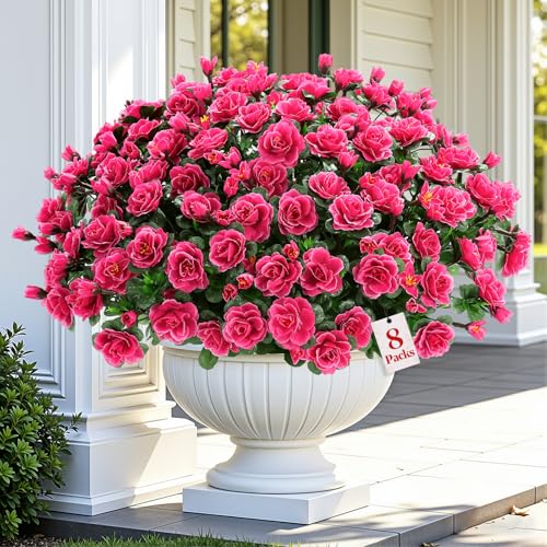 Alupssuc 8 Large Bundles Artificial Flowers for Outdoors Spring Decoration, UV Resistant Faux Flowers Silk Camellia Realistic Fake Flowers for Yard Patio Planter Porch Balcony Garden, Rose - color: Rose
