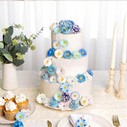 Fake Flower Heads for Crafts, 66PCS Mini Artificial Flowers Bulk, Small Silk Daisy Rose Sunflower Faux Floral Heads for DIY Hair Clips, Wedding Cake, Graduation Cap, Wreath & Party Decoration - color: Blue