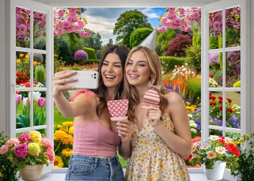 10x8ft Spring Summer Garden Window Backdrop Floral Nature Landscape Photo Background with Blooming Flowers for Portrait Photoshoot, Wedding, Baby Shower, Birthday, Studio Decor 359 - size: 10 x8ft