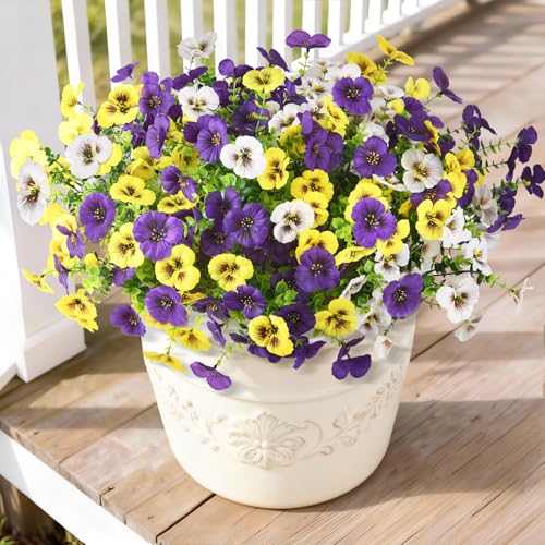 Artificial Fake Pansy Flowers for Outdoors, 12 Pcs Faux Silk Pansies Flower for Spring Summer Decoration, UV Resistant Fake Plants for Outside Planter Porch Yard Patio Home Decor(Purple Yellow White) - color: Deep Purple, Yellow, White