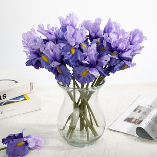 Hollyone Iris Artificial Flowers 15Pcs Faux Iris Light Purple Flowers 14.2" Real Touch Fake Flowers Picks Bouquets for Wedding Bridal Home Arrangements Office Table Centerpieces Decor - color: Gradient Purple