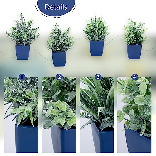 summer flower Set of 4 Fake Plants in Pot Small Artificial Eucalyptus Potted Plant Mini Wheat Grass Ferns Faux Greenery for Home Indoor Office Table Bathroom Farmhouse Decorations Blue - color: Blue-4