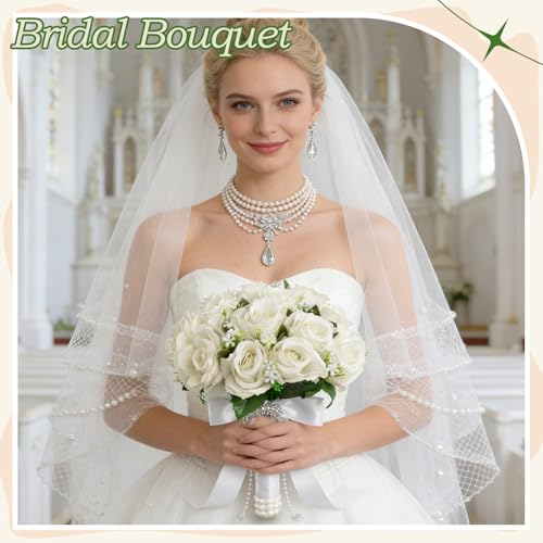 Wowagoga 12 Inch Wedding Bouquet with Pearl Crystals Ribbons,Artificial Rose Flower for Bride Bridesmaids Artificial Fake Flowers Fake Flowers Toss Bouquet for Wedding Party Church(White)