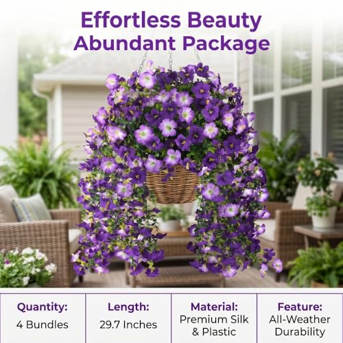 4PCS Artificial Hanging Flowers for Outdoor Hanging Plants Faux Morning Glory UV Resistant Silk Spring Summer Flower for Garden Porch Yard Patio Balcony (Mixed Purple) - color: Mixed Purple