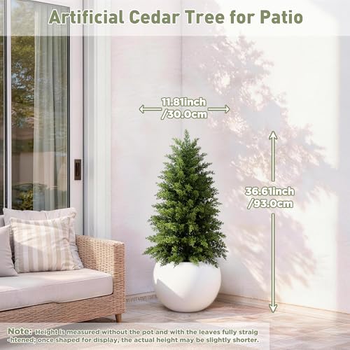 2 Pack 3ft Artificial Cedar Trees for Outdoors (UV Resistant), Potted Faux Cedar Topiary Plants for Front Porch, Realistic Evergreen Shrub for Entryway & Patio Decor - size: 3FT