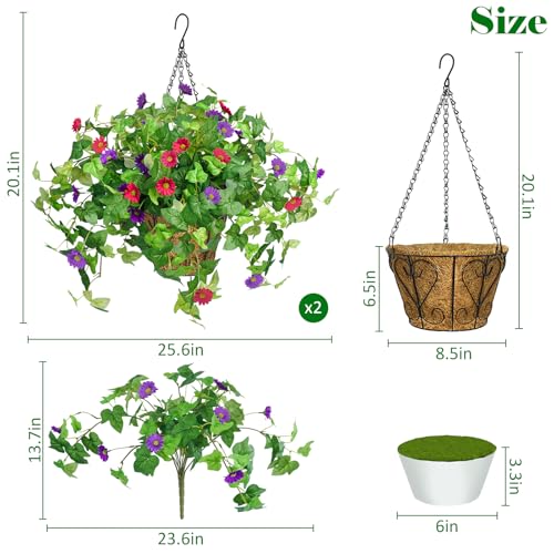 Krissing 2 Pack Artificial Hanging Flowers with Baskets for Outdoors UV Resistant Fake Ivy Plants Greenery Faux Silk Daisy Flowers for Outdside Porch Balcony Summer Home Decor (Purple, Red) - color: Purple+hot Pink, size: 6pcs with 2 baskets