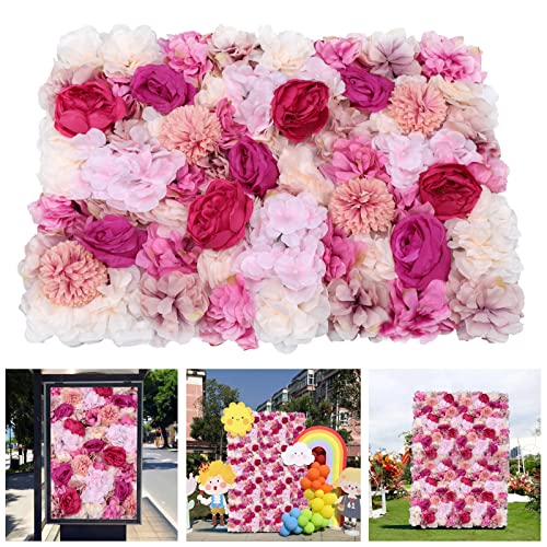 6 Pcs Flower Wall Panel Floral Backdrop, Artificial Flower Wall Backdrop Faux Flower Panel, Flower Wall Decor 23.6" X 15.7" Silk Rose Wall for Wedding, Party, Nursery, Baby Girl Room, Home Decor - color: Fuchsia