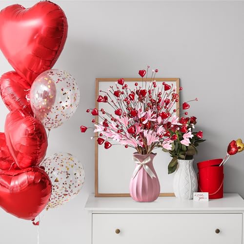 Valentine’s Day Gifts 12 Pcs Heart Shaped Berry Picks Artificial Red Heart Berry Twigs Forsythia Stem Branches with Pink Flowers for Valentine’s Day Anniversary Flower Bouquets Wedding Home Decor - color: Red and Pink