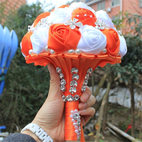 S_SSOY Wedding Bouquet Bride Bridal Brooch Bouquets Bridesmaid Bouquet Diamond Pearl Ribbon Valentine's Day Confession Party Church with Free Corsage Flower, Orange+White - color: Orange+white