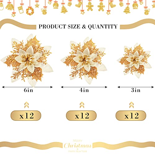 Geosar 36 Pcs Christmas Glitter Artificial Poinsettia Flowers Xmas Poinsettia Artificial Wedding Flowers Decorations Xmas Tree Ornaments with Clips for Party, 6 Inch, 4 Inch, 3 Inch(Gold) - color: Gold