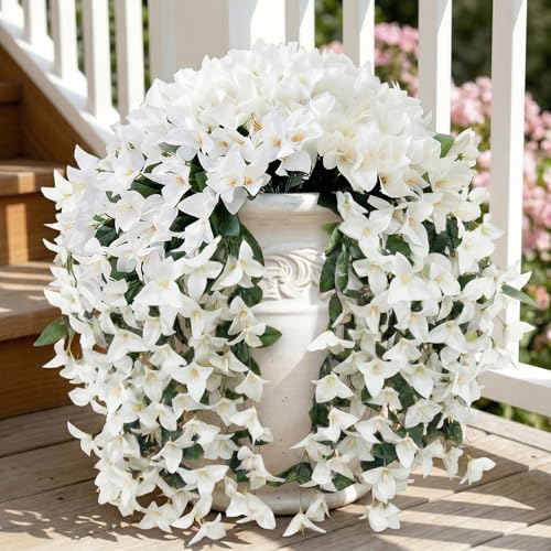Artificial Flowers for Outdoors Fake White Bougainvillea Hanging Flower Decoration, 2Pcs Realistic Faux Silk Plants Long Trailing Vines, Spring Decor for Porch Patio Balcony Planter Yard - color: Bougainvillea - White
