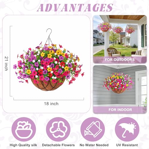 INXUGAO Artificial Silk Flowers Hanging Baskets Outdoors Indoors, Daisy with Eucalyptus Leaves Arrangement for Garden Yard Spring Summer Decor Faux Green Plant Metal Coconut Lining - color: 5multicolor