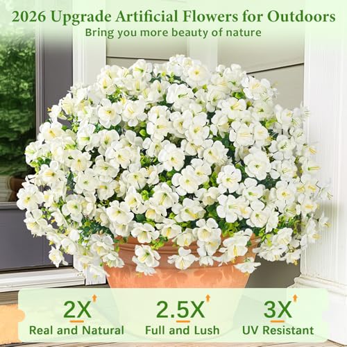 MARTINE MALL 24 Bundles Look Real Artificial Flowers for Outdoors, Realistic Fake Outdoor Flowers, UV Resistant Silk Flowers for Outside Faux Flowers Plants for Outdoor planters Porch, White - color: White, size: 24 Bundles
