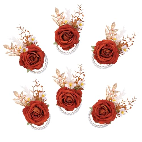 Orange Velvet Rose Wrist Corsage, Set of 6, Wedding Bridal Flower Corsage Hand Decor for Prom Party Homecoming, Wristband Flowers Bride, Bridesmaid, Girl - color: 6pcs Orange Wrist Corsages