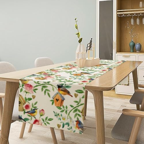 Birds Flowers Spring Table Runner,Watercolor Floral Leaves Seasonal Home Party Kitchen Dining Table Decoration 13x36 Inch - color: Bird_4, size: 13x36inch