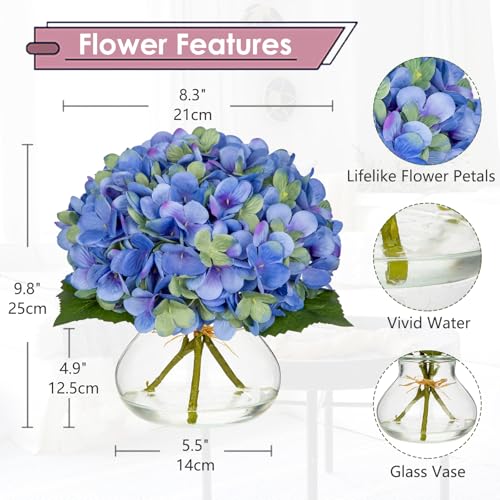 Hollyone Hydrangea Artificial Flowers with Glass Vase Blue-Green Silk Faux Flowers Arrangements in Vase with Faux Water Fake Floral Bulk Bouquet for Home Decor Table Centerpiece Decorations - color: Hydrangea, Blue-green
