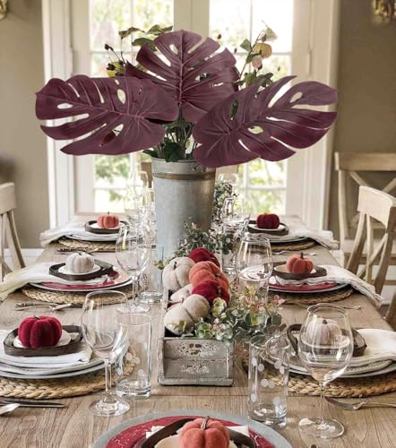 DILATATA Artificial Monstera Leaves with Stems 30" Fall Faux Tropical Leaf Burgundy Silk Monstera Leaves Fake Palm Branches for Home Fireplace Farmhouse Centerpieces Thanksgiving Wedding Autumn Décor - color: 30“ Monstera#burgundy Silk 3pcs