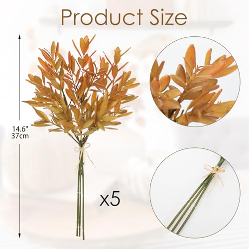 5 Stems Artificial Fall Greenery – 14.6" Olive Leaf Stems for Autumn Floral Arrangements, Thanksgiving Centerpieces, Fall Decor Bouquets, Rustic Orange - color: Olive - Rustic Orange