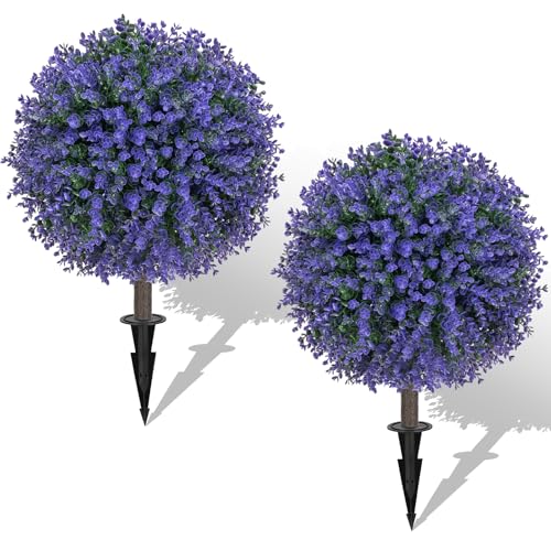 AOKIIE 24" Artificial Boxwood Topiary Bushes UV Resistant for Outdoor 2PCS | Artificial Shrubs with Ground Spike, Purple Faux Outdoor Plants for Indoor & Outdoor Garden, Yard, Porch, Patio - color: Purple