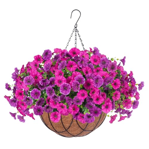 Artificial Fake Hanging Flowers with Basket for Outdoor Decor 12 Pcs UV Resistant Faux Silk Morning Glory Flowers Plants for Outdoor Outside Planters Home Porch Patio Balcony Spring Summer Decor