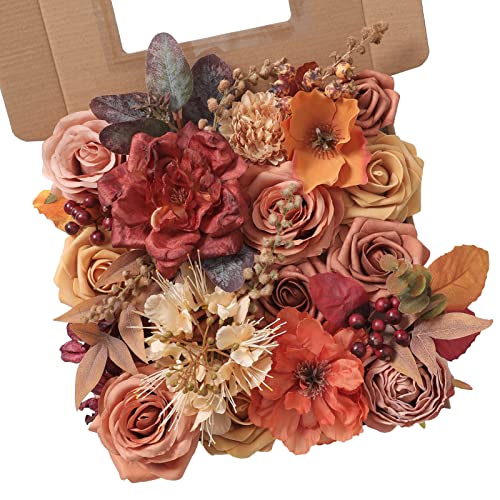 rongflower Artificial Flowers Combo Box Set Burnt Orange Fake Flower Leaf Box with Stems for DIY Wedding Bouquets Centerpieces Arch Arrangement Baby Shower Party Home Decorations - color: Burnt Orange
