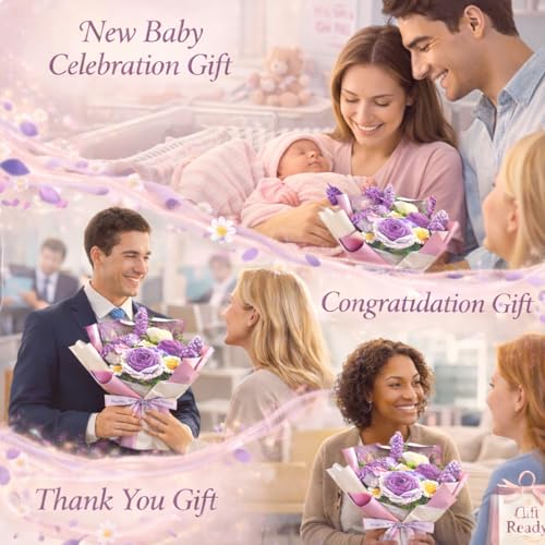 Handmade Crochet Flower Bouquet, Pink Rose & Carnation Knitted Flowers, Gift For Girlfriend, Birthday, Anniversary, Mother’s Day, Wedding Or Graduation (Includes Card) (Purple) - color: Purple