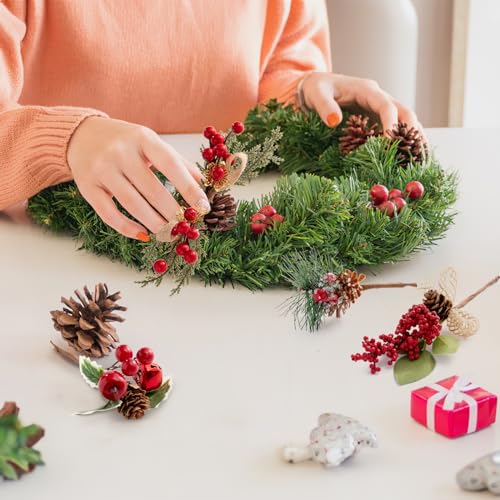 Crafare 15 Pack Small Artificial Christmas Picks 5"-10" Assorted Red Berry Picks Stems Faux Pine Picks Spray with Pinecones for Christmas Floral Arrangement Winter Holiday Season Decoration - size: 5.9in-9in berry stem picks