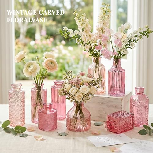 30Pcs Pink Glass Bud Vases, Wedding Table Decor, Bulk Housewarming Gift | Pink bud vases in bulk, Rustic embossed, Vintage-styled glass vases for centerpieces, 15 unique vintage styles(2 per design) - color: Pink Series